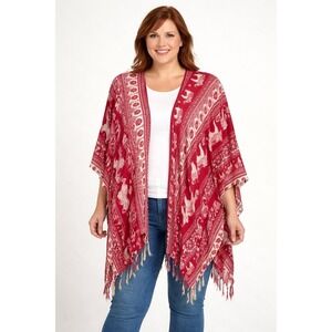 Kalmandu Imports‎ Red Elephant Print Boho Kimono Ruana Fringe